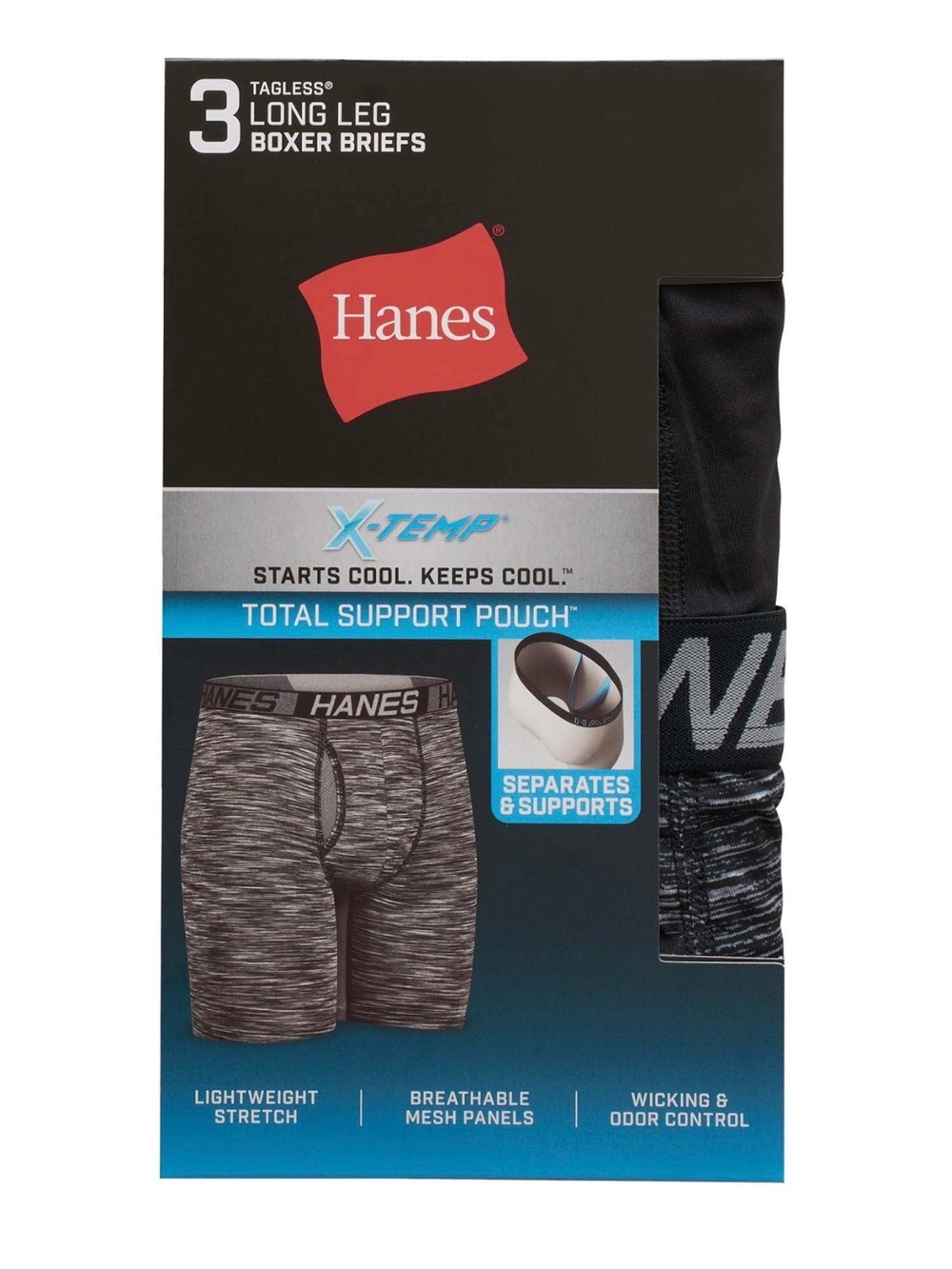 Hanes Men’s Total Support Long Leg Boxer Briefs – Black & Heather Grey (3-Pack)